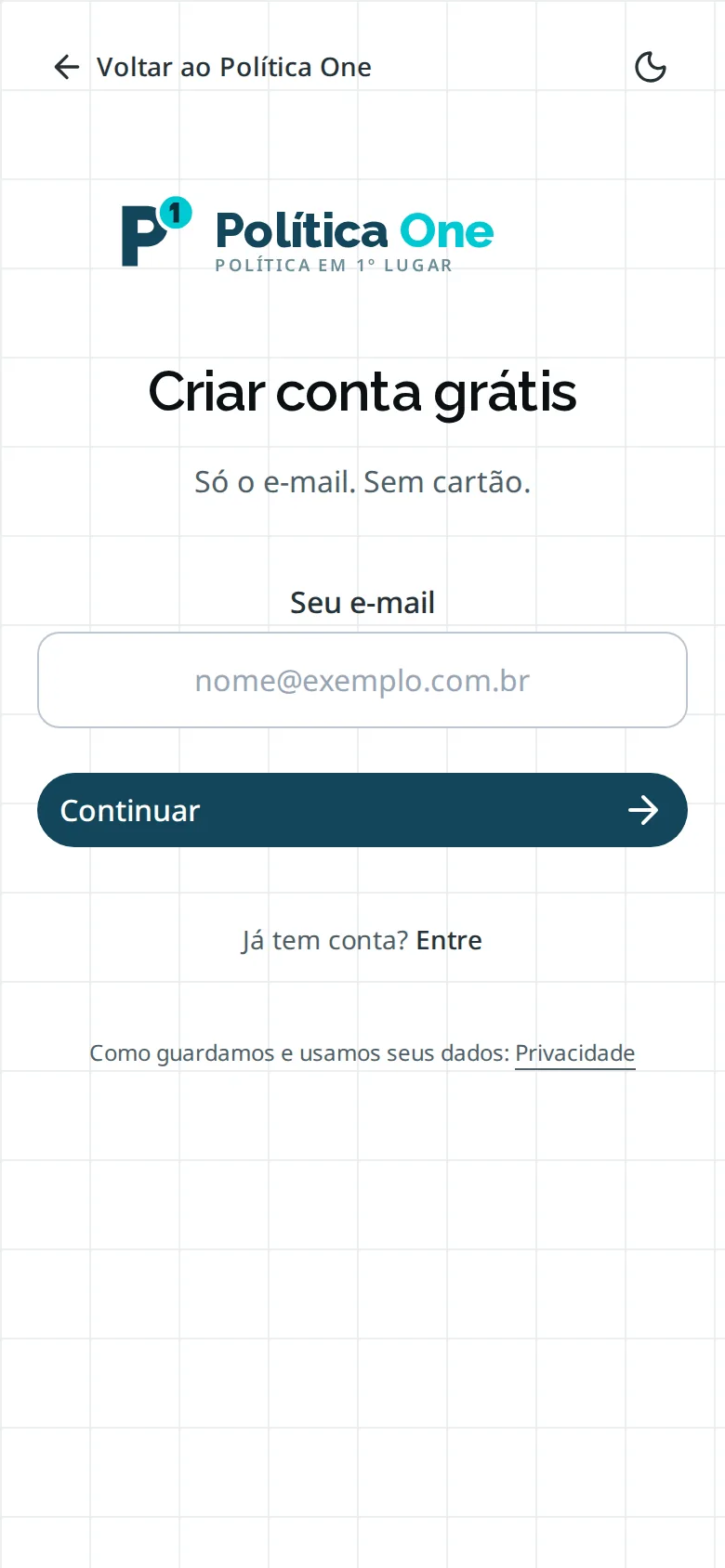 Tela Criar conta grátis no celular: Só o e-mail, sem cartão, com um campo de e-mail e o botão Continuar.