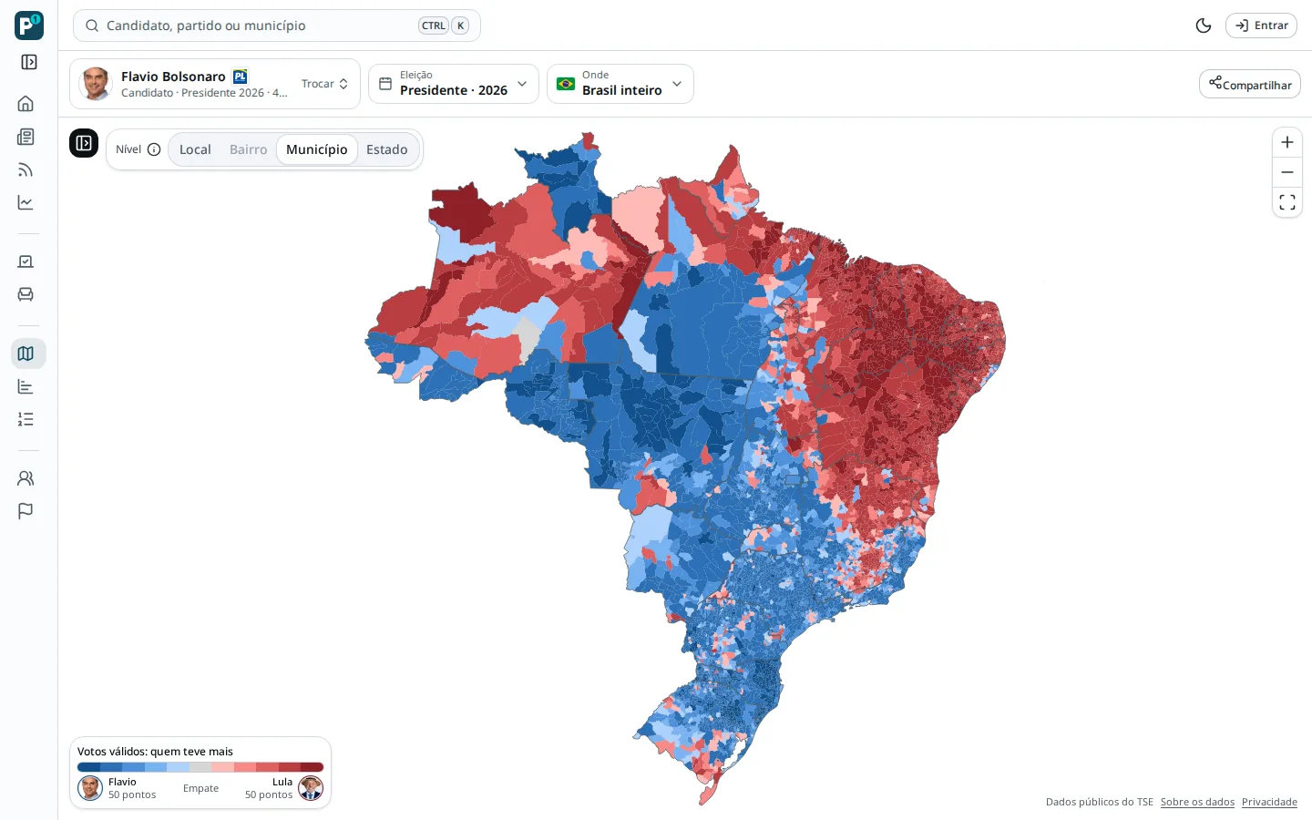 Mapa da Votação comparando dois candidatos a presidente em 2026, município por município, com as fotos dos dois na legenda.