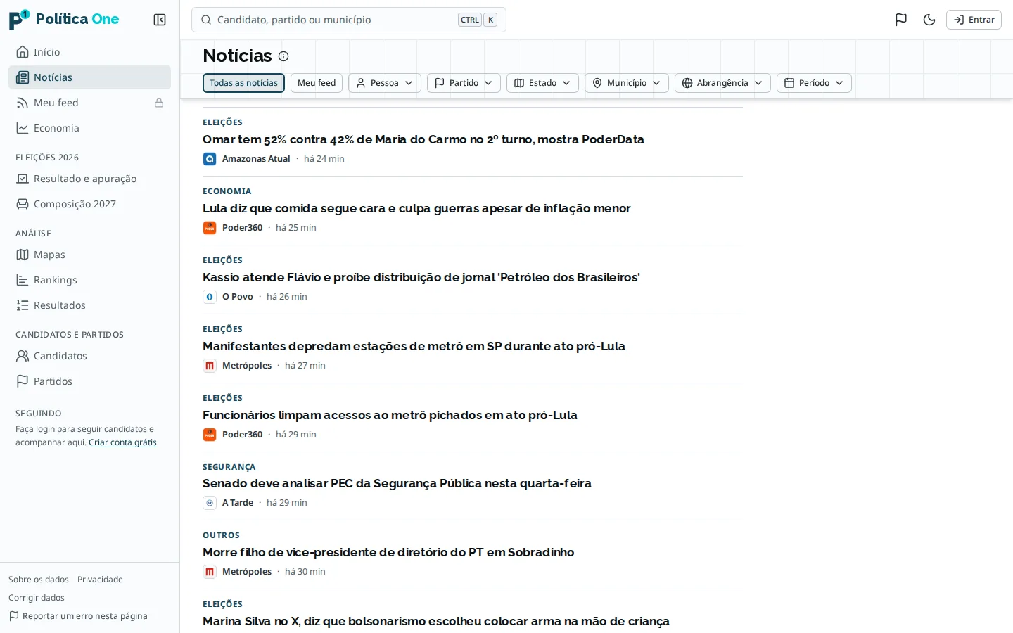 Feed de notícias com abas Todas as notícias e Meu feed, filtros por pessoa, partido, estado e município, e a lista Mais recentes, cada item com tema, título, veículo e há quanto tempo foi publicado.